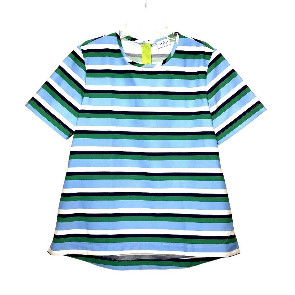 Argent - Green, Blue, Black & White Striped Round Neck Short Sleeve Top - Size 2
